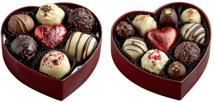 Two heartshaped boxes filled with assorted gourmet chocolates and candies, isolated on transparent background