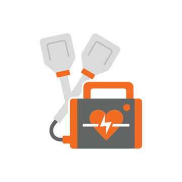 Graphic illustration of a defibrillator with paddles, depicting emergency medical equipment.