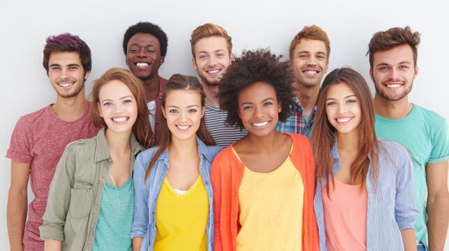 A group of young people are smiling for the camera. The group is diverse, with people of different races and genders. Scene is happy and friendly, as everyone is posing together