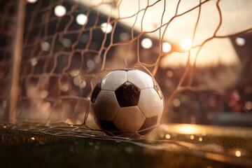 A soccer ball rolls into the goal as enthusiastic spectators cheer in the background, capturing the excitement of the game under the stadium lights during a lively match