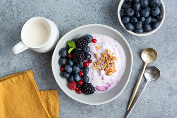 Blueberry yogurt bowl with berries and granola topping, top view