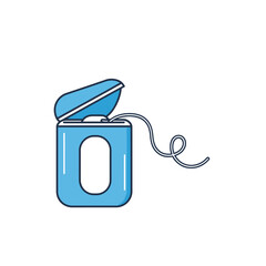 A blue dental floss container with a partially open lid, showing the floss.