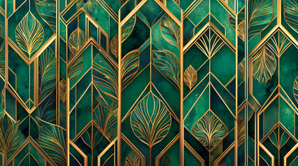 Luxurious art deco pattern, emerald green marble with gold embossed chevron lines, intricate leaf-inspired geometry, elegant symmetry, high detail, glossy textures, cinematic lighting, premium archite