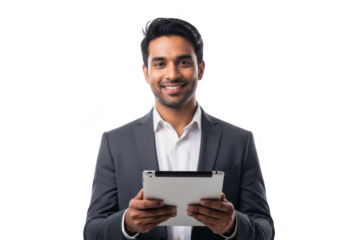 Smiling businessman holding a tablet isolated on transparent background