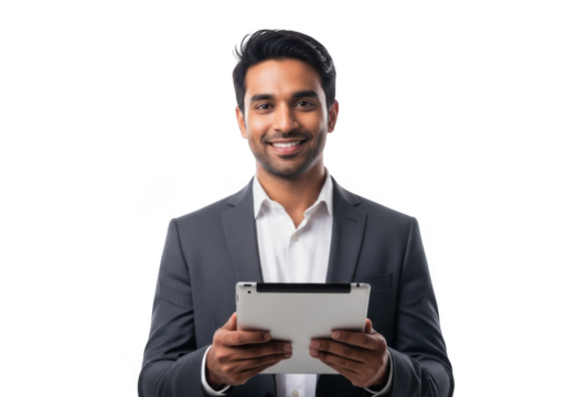 Smiling businessman holding a tablet isolated on transparent background - Powered by Adobe