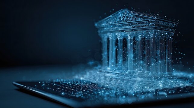 Dynamic digital transformation of neoclassical architecture symbolizes global finance and advanced technological integration, creating a futuristic business landscape for innovation.