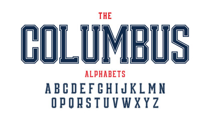 Columbus vector condensed retro sports typeface, uppercase letter in american style for football, soccer, baseball and basketball. Alphabet and numbers with outline in varsity style

