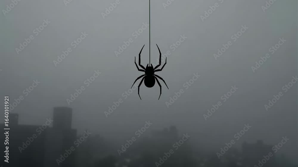Wall mural a spider hangs from a thread against a foggy background with buildings in the distance view scene
