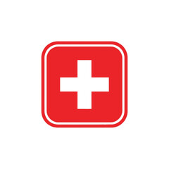 Obraz premium A red square with rounded corners containing a white plus sign in the center, isolated on a white background.