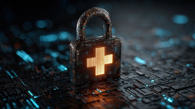 Secure your digital health with a glowing medical cross emblazoned on a futuristic, encrypted padlock amidst a circuit board landscape, symbolizing cybersecurity and protected data.