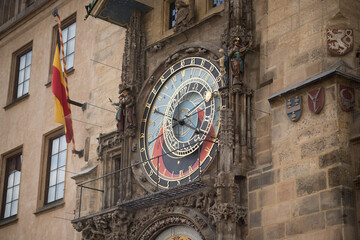 Obraz premium Prague Astronomical Clock, a medieval masterpiece mounted on the southern wall of the Old Town Hall Tower. The main feature is the astronomical dial, an intricate and colorful disc displaying 
