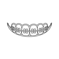 Line drawing illustration of upper teeth with braces, showing brackets and wire, isolated on a white background.