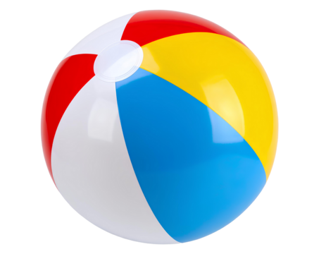 Colorful 3D beach ball in red, blue, and yellow with glossy texture, realistic isolated on transparent background.