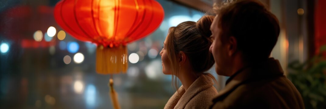 Young caucasian couple admiring night view through window with red lantern in cozy atmosphere