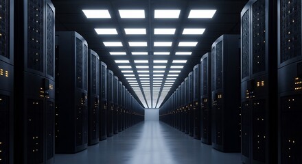 Fototapeta premium Vast Server Room Rows of Powerful Data Storage Servers in a Modern Data Center