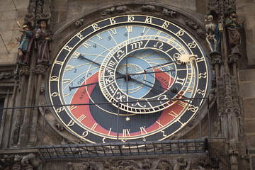 Prague Astronomical Clock, a medieval masterpiece mounted on the southern wall of the Old Town Hall Tower. The main feature is the astronomical dial, an intricate and colorful disc displaying 