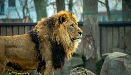 Naklejka premium Lion profile in zoo setting