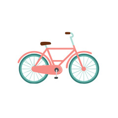 A charming pink bicycle with a turquoise wheels