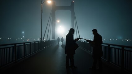 Silhouetted figures with guns on a mysterious foggy bridge at night.