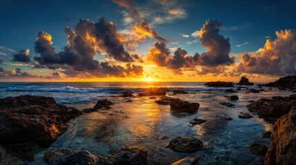 The sky is filled with clouds and the sun is setting. The ocean is calm and the rocks are scattered throughout the scene