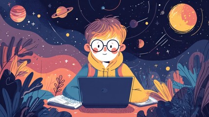 A boy is sitting in front of a laptop computer in a colorful, imaginative space with planets and stars