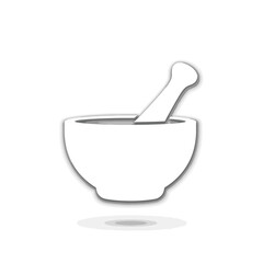 A simple white icon of a mortar and pestle with a subtle grey drop shadow on a white background.