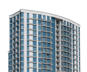 Modern multi story high rise building with glass facade, balconies and contemporary design in sunny