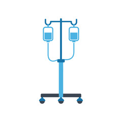 A blue medical IV stand on wheels with two intravenous bags hanging from hooks.