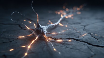 A neuron with its branches lit up in orange. The neuron is surrounded by a rocky, broken surface