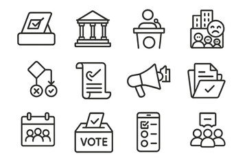 Election and governance icons set: ballot, vote, speaker, meeting, documents