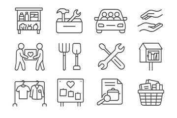 Community services icons: volunteering, carpooling, donation, repair, gardening
