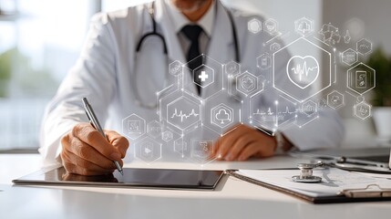 Doctor meticulously analyzing patient data on digital tablet with futuristic medical interface overlay showcasing health analytics and care progress