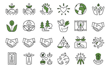 Collection of hand drawn eco friendly icons representing sustainability and environmental care concepts