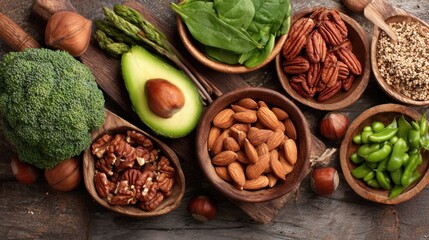 A variety of nuts, seeds, and vegetables are displayed on a wooden table. Concept of abundance and health, as it showcases a diverse selection of nutritious foods