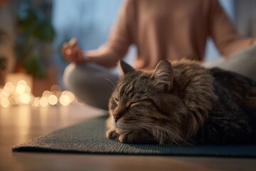 A person sits comfortably in a meditative position on a yoga mat while a therapy cat rests peacefully beside them. The soft lighting adds to the tranquil atmosphere of the indoor space