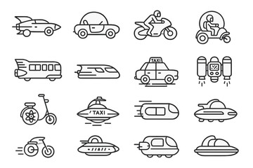 Futuristic and classic transportation icons &ndash; cars, bikes, trains, taxis, spaceships