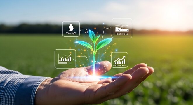 Futuristic agriculture concept with a hand holding a digital plant hologram. Smart farming technology uses data analytics for crop growth and resource management on a modern farm.