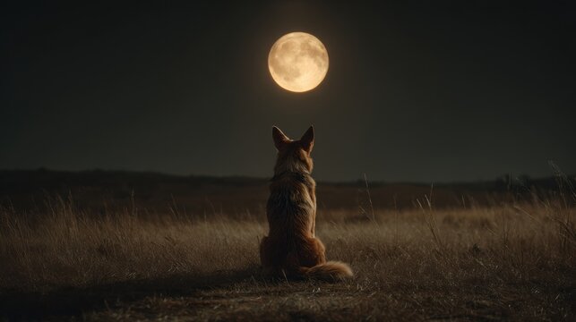 A dog is sitting in a field at night, looking up at the moon. The scene is peaceful and serene, with the dog being the only living being in the image. The moon is the only source of light