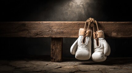 Two white boxing gloves are hanging on a wooden bench. Scene is somewhat somber, as the gloves are not being used and are left to dry