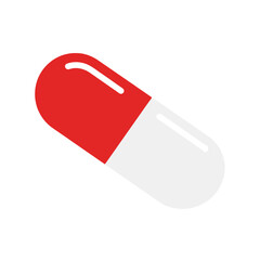A stylized graphic of a single red and white capsule pill, representing medicine, pharmacy, and healthcare.