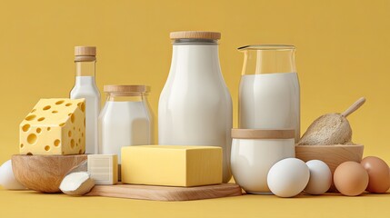 Discover fresh dairy delights featuring creamy milk bottles, delicious cheese, butter, eggs, and a scoop of flour against a vibrant yellow backdrop, evoking natural goodness and wholesome nourishment.