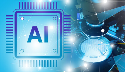 AI microchip and semiconductor wafer manufacturing with network connections, symbolizing artificial...