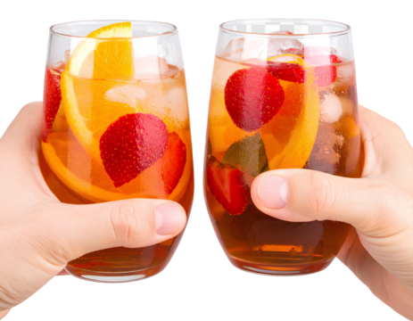 Set of orange and strawberry cocktails in men’s hands – refreshing summer drinks isolated on transparent background.