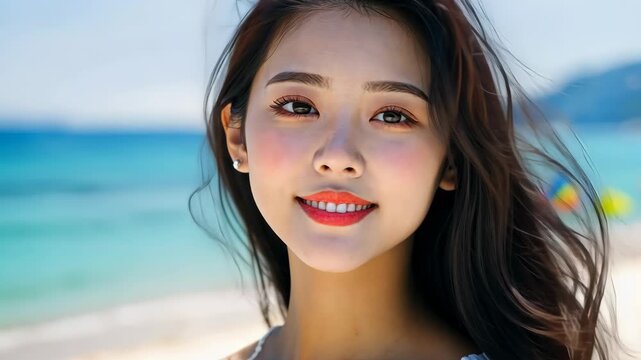 Joyful woman embraces beach bliss with vibrant colors and laughter on a sunny day