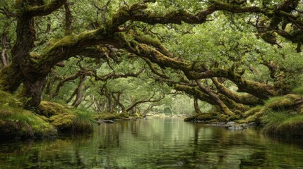 A lush green forest with a river running through it. The trees are tall and the water is calm. The scene is peaceful and serene