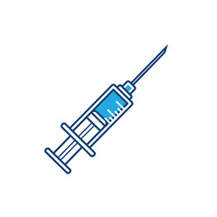 A blue line art icon of a medical syringe with a needle, filled with blue liquid for an injection.