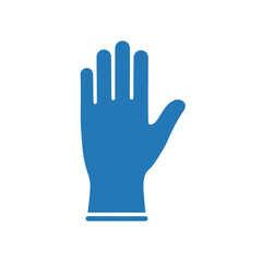 A simple blue graphic icon of a single protective medical or cleaning glove with an open palm and spread fingers.