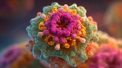 A colorful flower with a pink center and green and orange petals. The flower is very detailed and looks like it is made of many small pieces