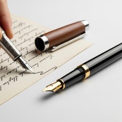 A hand writes on a piece of paper with a fountain pen. Two fountain pens are placed beside the paper. The scene emphasizes writing and creativity.