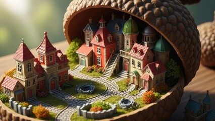Fototapeta premium Detailed miniature houses inside an open acorn.